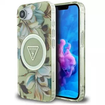 Guess IML Metal Glitter Flowers Triangle MagSafe Πίσω Κάλυμμα για Apple iPhone 16e, Πράσινο