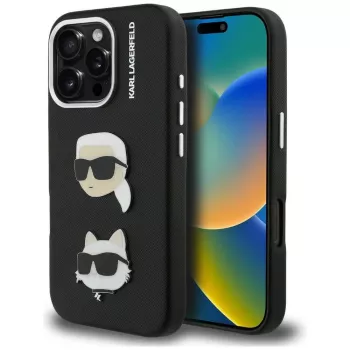KARL LAGERFELD FW Grained Karl & Choupette Heads Pins Θήκη για iPhone 16 Pro, Μαύρο