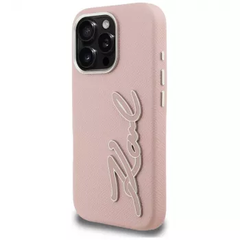 KARL LAGERFELD FW Grained Signature Logo Σκληρή Θήκη για iPhone 16 Pro, Ροζ
