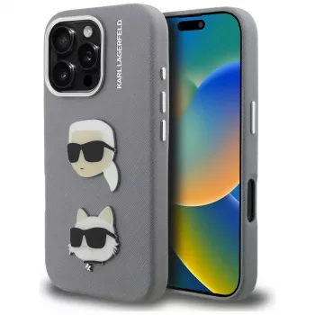 Karl Lagerfeld FW Grained Karl & Choupette Heads Pins Θήκη για iPhone 16 Pro Γκρι