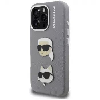 Karl Lagerfeld FW Grained Karl & Choupette Heads Pins Θήκη για iPhone 16 Pro Γκρι