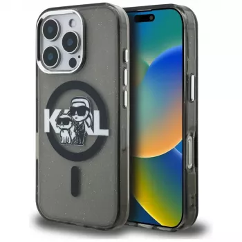 Karl Lagerfeld IML Glitter Karl & Choupette Sketch Logo MagSafe Θήκη για iPhone 16 Pro Μαύρο
