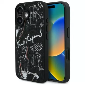 KARL LAGERFELD Grained Pattern & Logo MagSafe Θήκη για iPhone 16, Μαύρο
