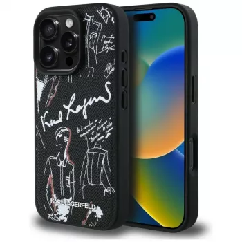 KARL LAGERFELD Grained Pattern & Logo MagSafe Θήκη για iPhone 16 Pro, Μαύρο