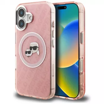 KARL LAGERFELD IML Glitter Karl & Choupette Heads Logo MagSafe Θήκη για Apple iPhone 16 - Ροζ