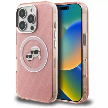 Karl Lagerfeld IML Glitter Karl & Choupette Heads Logo MagSafe Θήκη για iPhone 16 Pro Ροζ