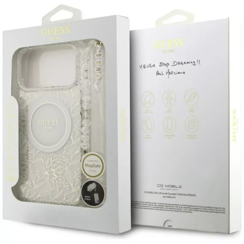 Guess IML Flowers Electro Pearl Strap MagSafe Case για iPhone 17 Pro Max λευκό