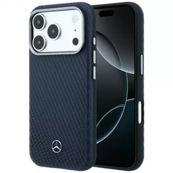 Mercedes Δερμάτινη Semi Wrap Wood Effect MagSafe Θήκη για iPhone 17 Pro Max Navy Blue