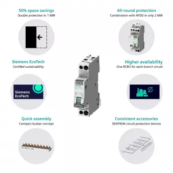 Siemens 5SV13166KK16 RCBO 2-πολικός 16 A 30 mA, χαρακτηριστική B, Type A, 6 kA