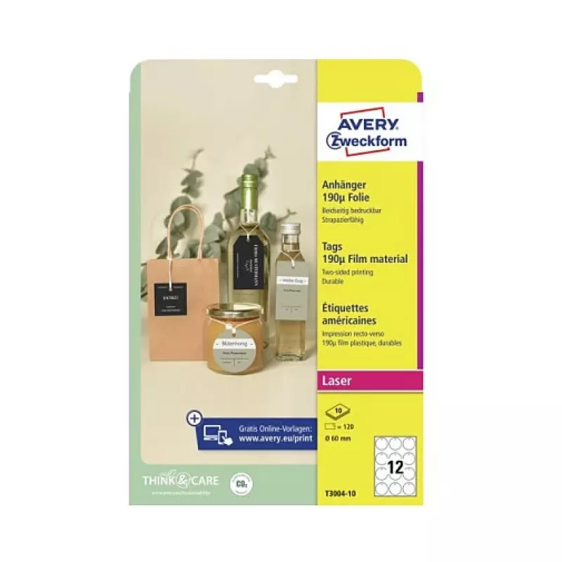 Avery Zweckform T3004-10 Μη κολλώδεις στρογγυλές ετικέτες, Πολυεστέρας, Λευκές, 60 mm, 120 ετικέτες