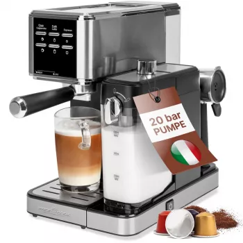 PROFI COOK PC-ES-KA 1266 Μηχανή espresso με θήκη φίλτρου και σύστημα κάψουλας, 20 bar, 1450 W, Μαύρο/Ασημί