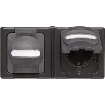 Heinrich Kopp BlueElectric Διπλή πρίζα επίτοιχης τοποθέτησης IP44 ανθρακί γυαλιστερό οριζόντια με καπάκι