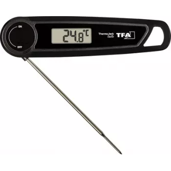 TFA THERMO JACK TASTE Ψηφιακό θερμόμετρο κουζίνας με χρονόμετρο και συναγερμό, ανοξείδωτη ακίδα, 160 mm, -50 έως +300 °C, οθόνη LCD, μαύρο/λευκό