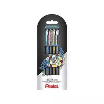 Pentel Dual Metallic Σετ Στυλό Gel - 4 Στυλό (Μαύρο, Μπλε, Χρυσό, Ασημί) - 0,5 mm - Συσκευασία blister