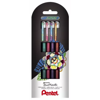 Pentel Dual Metallic Σετ Στυλό Gel - 4 Χρώματα (Πράσινο, Πορτοκαλί, Ροζ, Βιολετί) - 0,5 mm Λεπτή Μύτη - Πλαστική Θήκη - Συσκευασία blister
