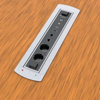 Kindermann CablePort Turn επιτραπέζιο κουτί τοποθέτησης με 2 πρίζες Schuko, 2 RJ45 CAT6, 2 HDMI, 1 USB-A 3.0, περιστροφή 360°, ασημί/μαύρο