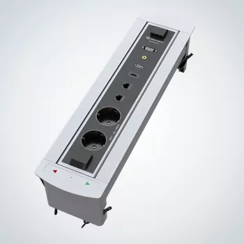 Kindermann CablePort Turn επιτραπέζιο κουτί τοποθέτησης με 2 πρίζες Schuko, 2 RJ45 CAT6, 2 HDMI, 1 USB-A 3.0, περιστροφή 360°, ασημί/μαύρο