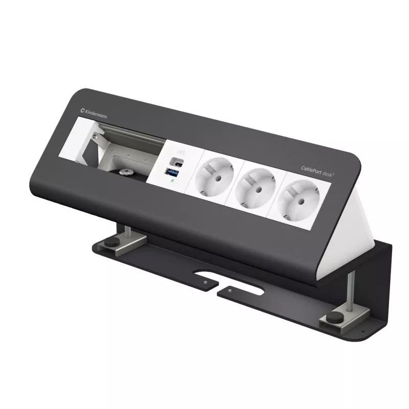 Kindermann CablePort desk 6 θέσεων 3x Schuko 2x USB-A μονάδα σύνδεσης γραφείου ασημί/μαύρο