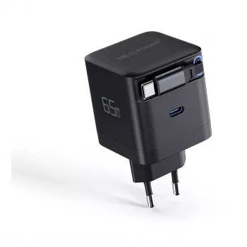 RealPower Φορτιστής GaN 65W μαύρο με 2x USB-C PD, συμπαγής και ισχυρός