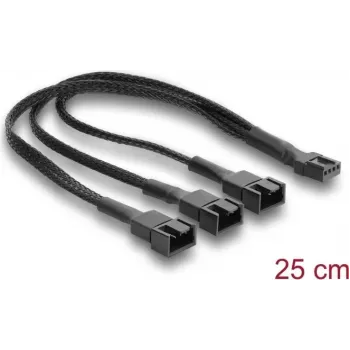 Delock Διαχωριστής καλωδίου ανεμιστήρα 1 x 4-Pin PWM Θηλυκό σε Αρσενικό + 2 x 4-Pin (3 Pins Συνδεδεμένα) Αρσενικό με Πλεκτό Περίβλημα 25 cm Μαύρο