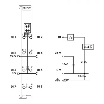 WAGO 753-430 - Module ψηφιακής εισόδου 8 καναλιών, 24 VDC, απομόνωση 5 kV, CAGE CLAMP, ράγα DIN