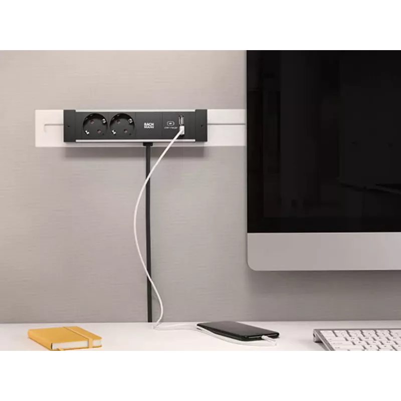 Bachmann DESK Rail Πολύπριζο με 2 πρίζες Schuko και 2 θύρες φόρτισης USB, καλώδιο 2m, Ασημί/Μαύρο