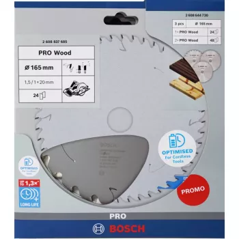 BOSCH POWERTOOLS PRO Wood δίσκος κυκλικού πριονιού μπαταρίας 165 mm (συσκευασία 3 τεμ. προσφορά)
