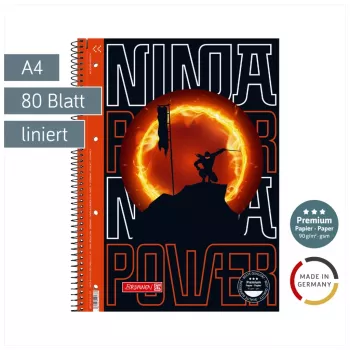 BRUNNEN μπλοκ College Ninja Power Lineatur 27 γραμμωμένο DIN A4 με εσωτερικό περιθώριο, 80 φύλλα, σπιράλ βιβλιοδεσία, 4 τρύπες, διάτρητο, 70 g/qm, λευκό