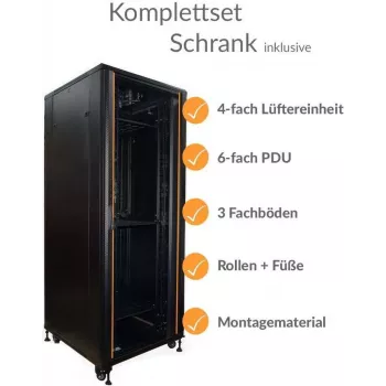 IT-BUDGET ερμάριο δικτύου 19 ιντσών SRK - πλήρες σετ - 42HE - πλάτος 800 mm, βάθος 800 mm - γυάλινη/χαλύβδινη πόρτα - 4 ενεργοί ανεμιστήρες - PDU - συρτάρια - προσυναρμολογημένο - μαύρο (99ITB19SRK4288GSM)