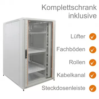 IT-BUDGET 19 inch Network Cabinet SRK Complete Set 27U 800x800mm Glas-/Lochstahltür 4 Aktivlüfter PDU Regale montiert Lichtgrau (99ITB19SRK2788GGM)