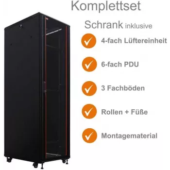 IT-BUDGET Rack δικτύου 19 ιντσών SRK - Πλήρες σετ - 42U - 600x800 mm - Πόρτα γυαλιού/χάλυβα - 4 ενεργοί ανεμιστήρες - PDU - Ράφια - Flatpack - Μαύρο (90ITB19SRK4268GS)