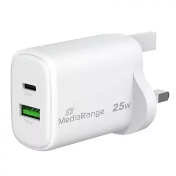 MediaRange 25W GaN Fast Charger UK Plug, 1x USB-C & 1x USB-A, PD & QC, λευκό (MRMA112-UK)