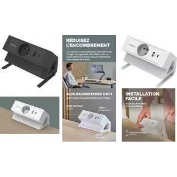 Fellowes Power Desk Πολύπριζο γραφείου Τύπος E Λευκό 3 υποδοχές AC 2 USB-A 2m καλώδιο