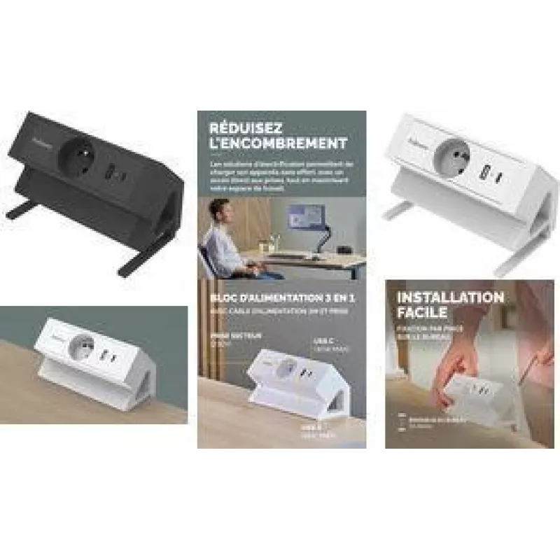 Fellowes Power Desk Πολύπριζο γραφείου Τύπος E Λευκό 3 υποδοχές AC 2 USB-A 2m καλώδιο