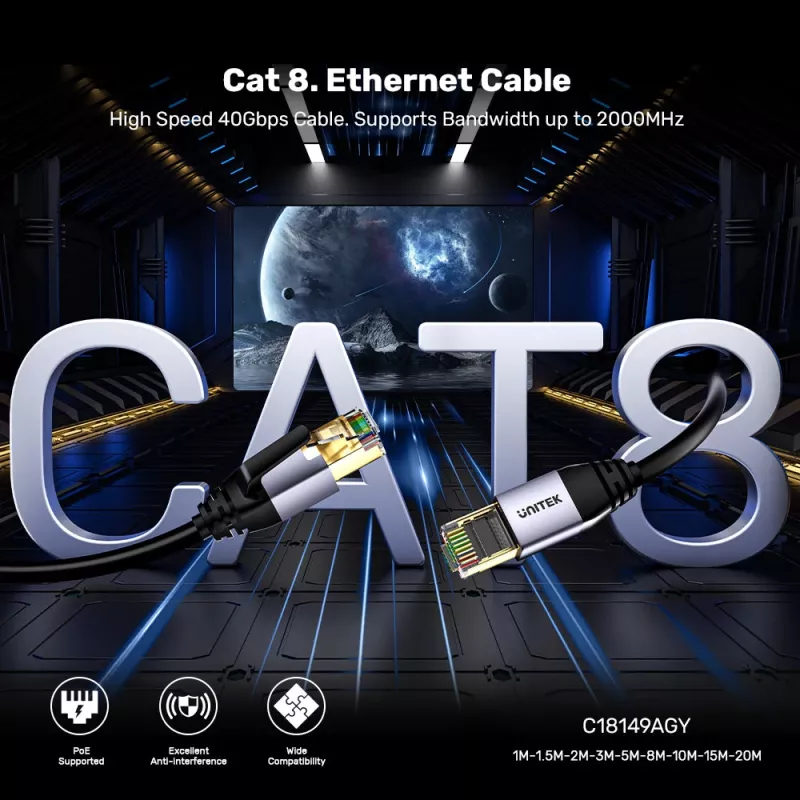 UNITEK Cat.8 S/FTP Ethernet Patch καλώδιο RJ45 15m μαύρο