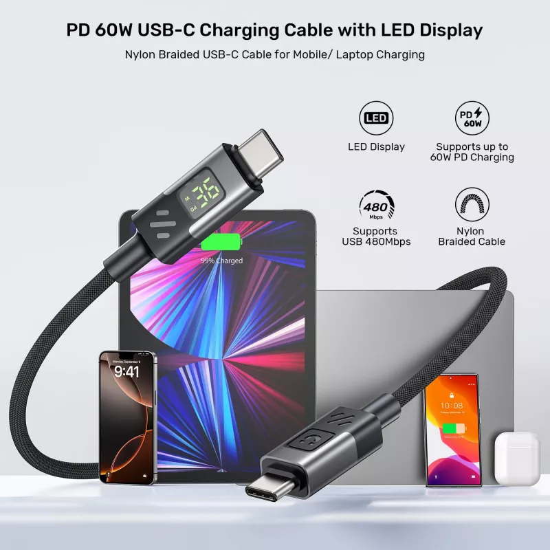 UNITEK USB-C PD 60W 480Mbps καλώδιο με οθόνη 2m πλεκτό μαύρο