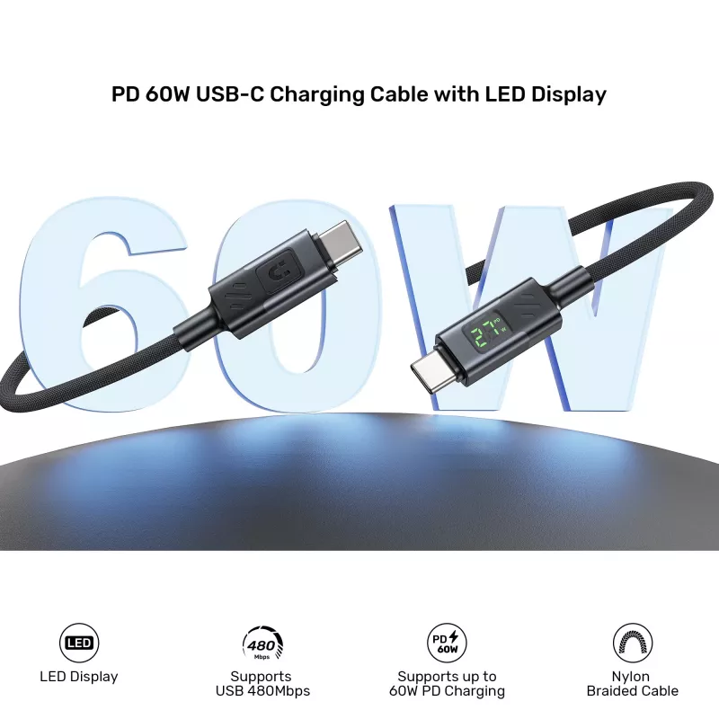UNITEK USB-C PD 60W 480Mbps καλώδιο με οθόνη 2m πλεκτό μαύρο