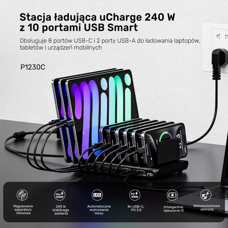 UNITEK 10-Port USB-C & USB-A 240W σταθμός φόρτισης