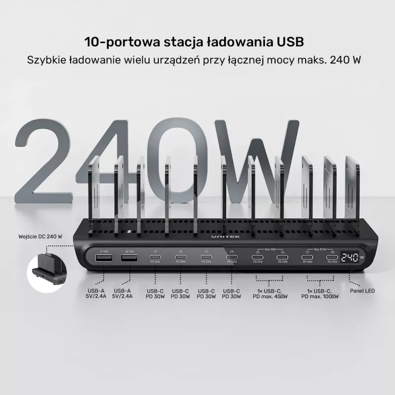 UNITEK 10-Port USB-C & USB-A 240W σταθμός φόρτισης