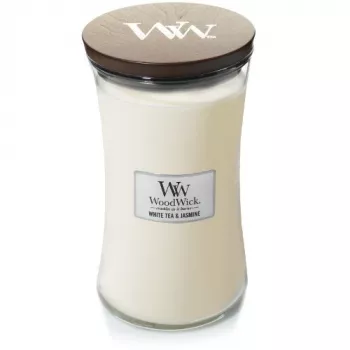 WoodWick White Tea & Jasmine αρωματικό κερί σε γυάλινο βάζο, Medium, 275g