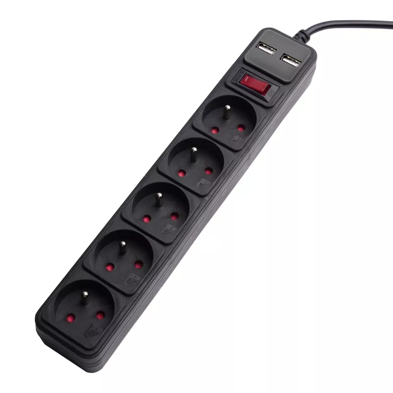 Akyga AK-SP-05U πολύπριζο με προστασία υπέρτασης, 5x CEE 7/5 (Τύπος E), 2x USB-A, 1,8 m, μαύρο