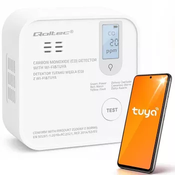 Qoltec Πιστοποιημένος ασύρματος ανιχνευτής μονοξειδίου του άνθρακα (CO) με μπαταρία, Ανιχνευτής CO, TUYA, Wi-Fi, Διάρκεια ζωής αισθητήρα 10 ετών, Συναγερμός 85dB, LED