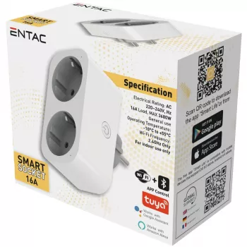 ENTAC Smart WiFi Διπλός Αντάπτορας Πρίζας ES-DSA-WIBLE, Λευκό, 2 Πρίζες, 3680 W