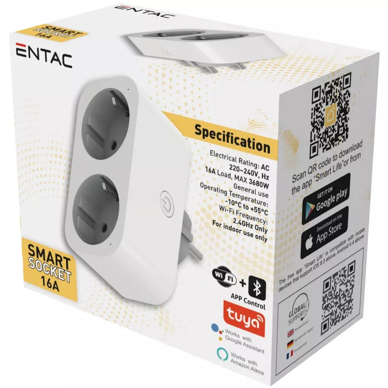 ENTAC Smart WiFi Διπλός Αντάπτορας Πρίζας ES-DSA-WIBLE, Λευκό, 2 Πρίζες, 3680 W