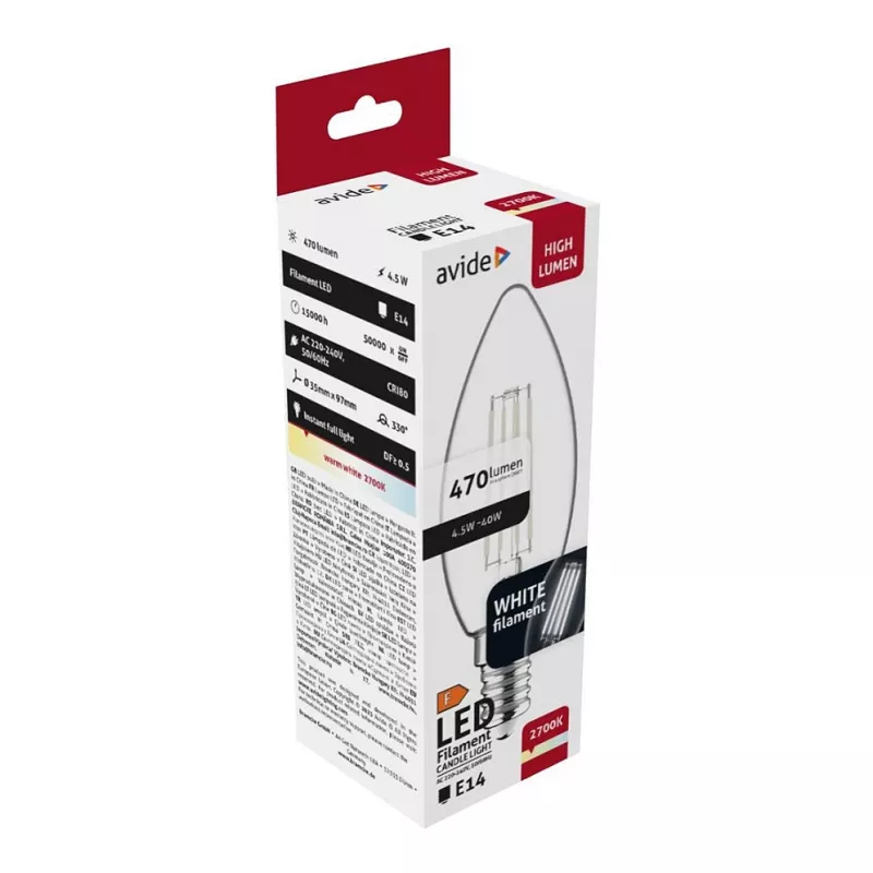 Avide LED Filament Λαμπτήρας Κεριού 4,5W E14 Θερμό Λευκό 2700K
