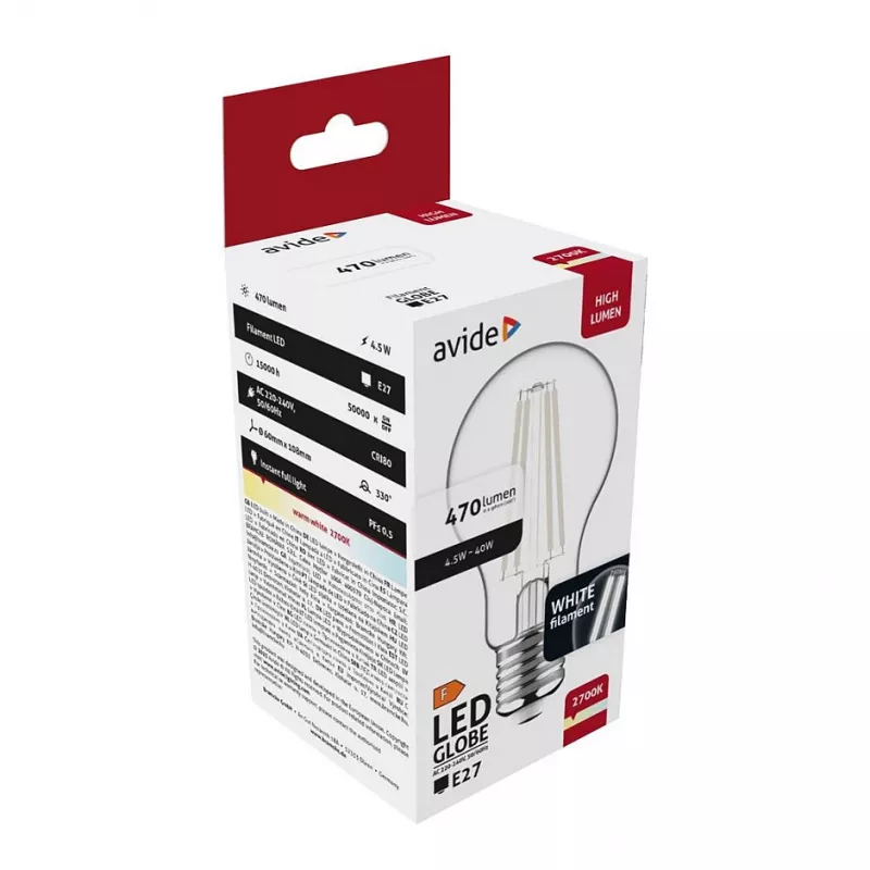 Avide LED Filament Globe Λάμπα 4,5W E27 Θερμό Λευκό 2700K