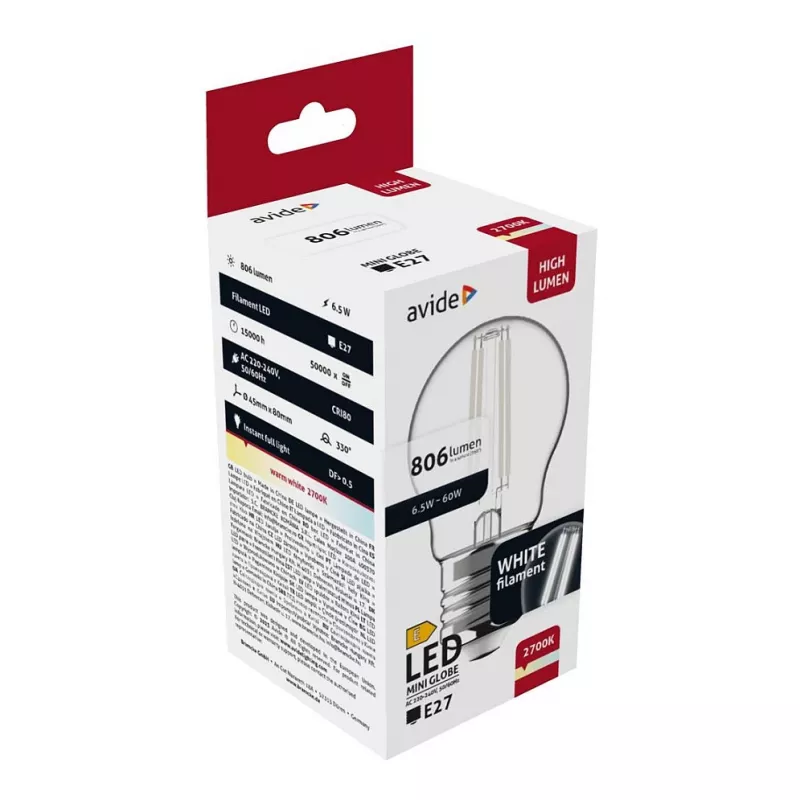 Avide LED Filament Mini Globe 6,5W E27 Θερμό Λευκό 2700K