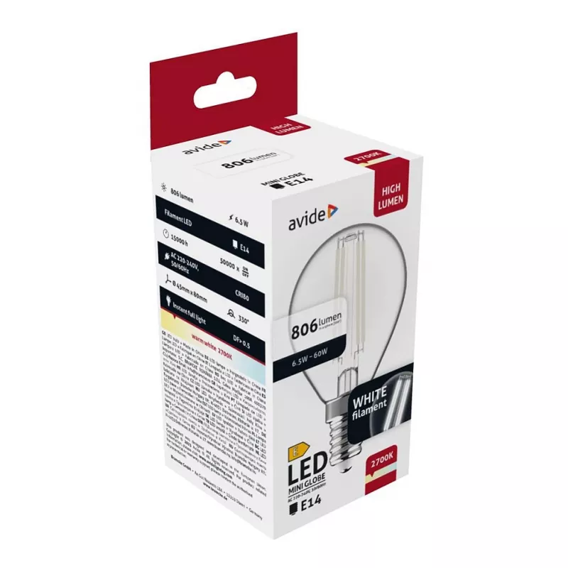 Avide Λαμπτήρας LED White Filament Mini Globe 6,5W E14 Θερμό Λευκό 2700K