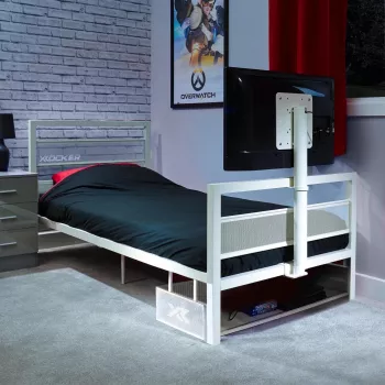 XROCKER μονό κρεβάτι gaming 90x190cm με βάση TV μεταλλικό λευκό