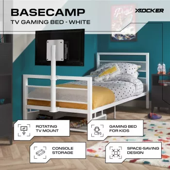 XROCKER μονό κρεβάτι gaming 90x190cm με βάση TV μεταλλικό λευκό